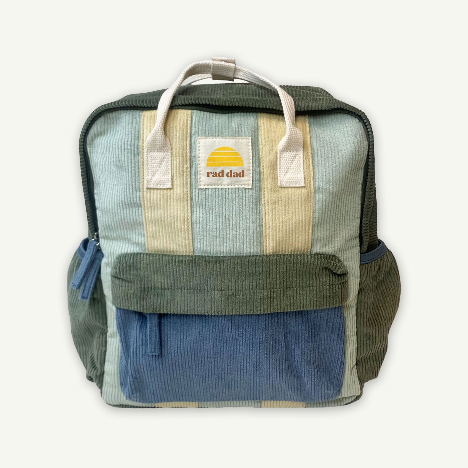 Blue and Khaki Green corduroy Backpack, "Rad Dad" logo patch.