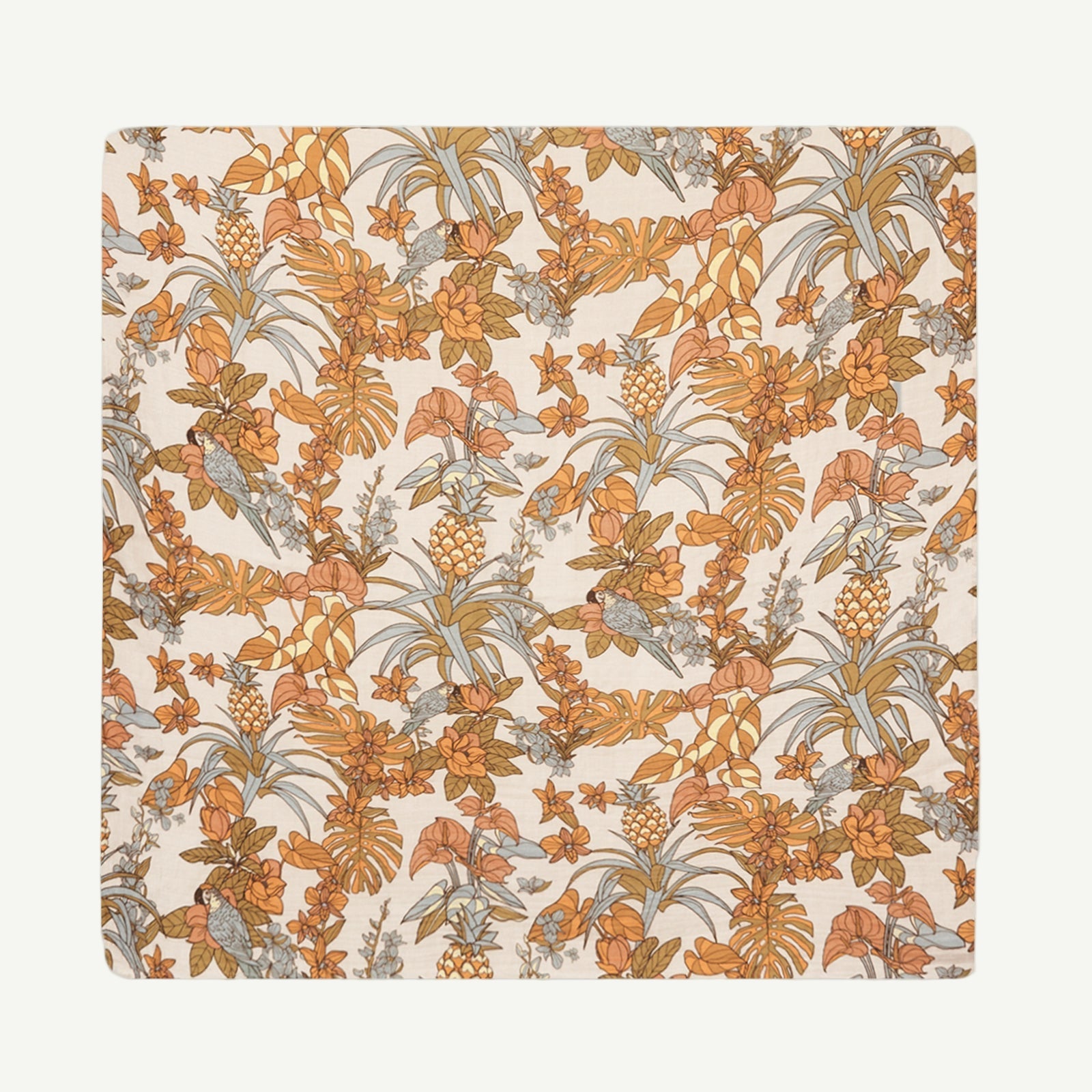 Floral and botanical pattern with orange, green, and gray colors on a beige background