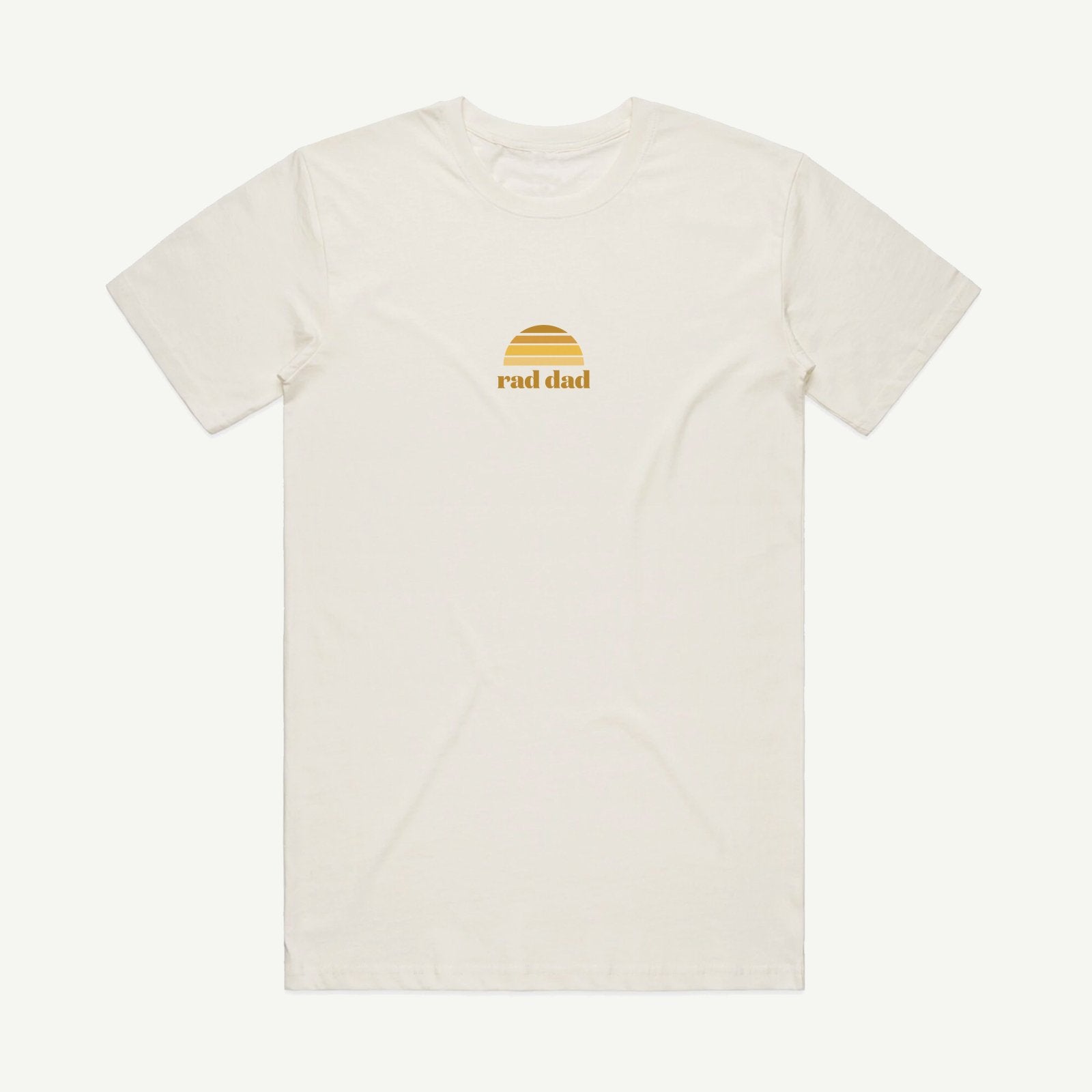 White t-shirt with 'rad dad' text and graphic on a white background