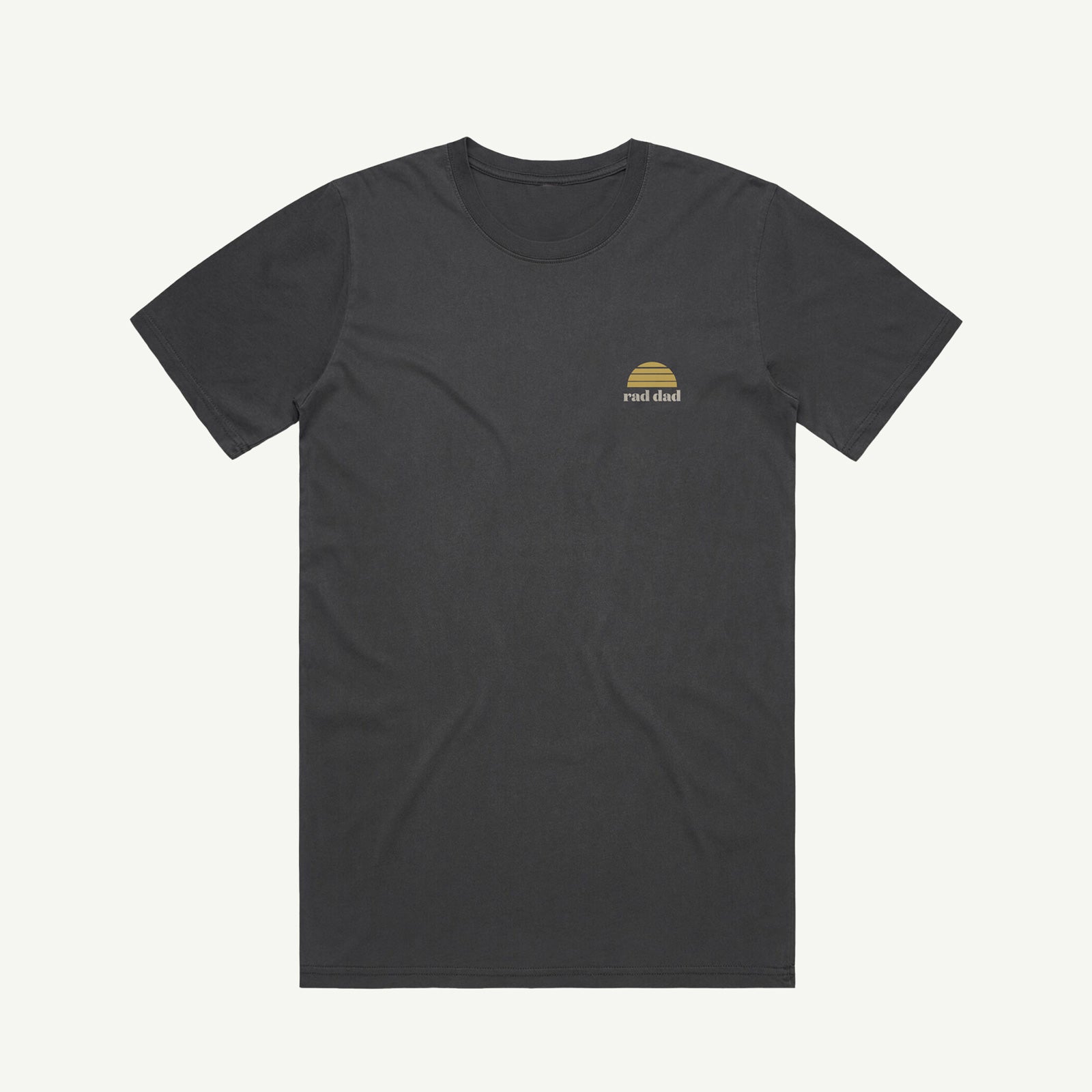 Washed Black t-shirt with a small yellow logo 'rad dad'