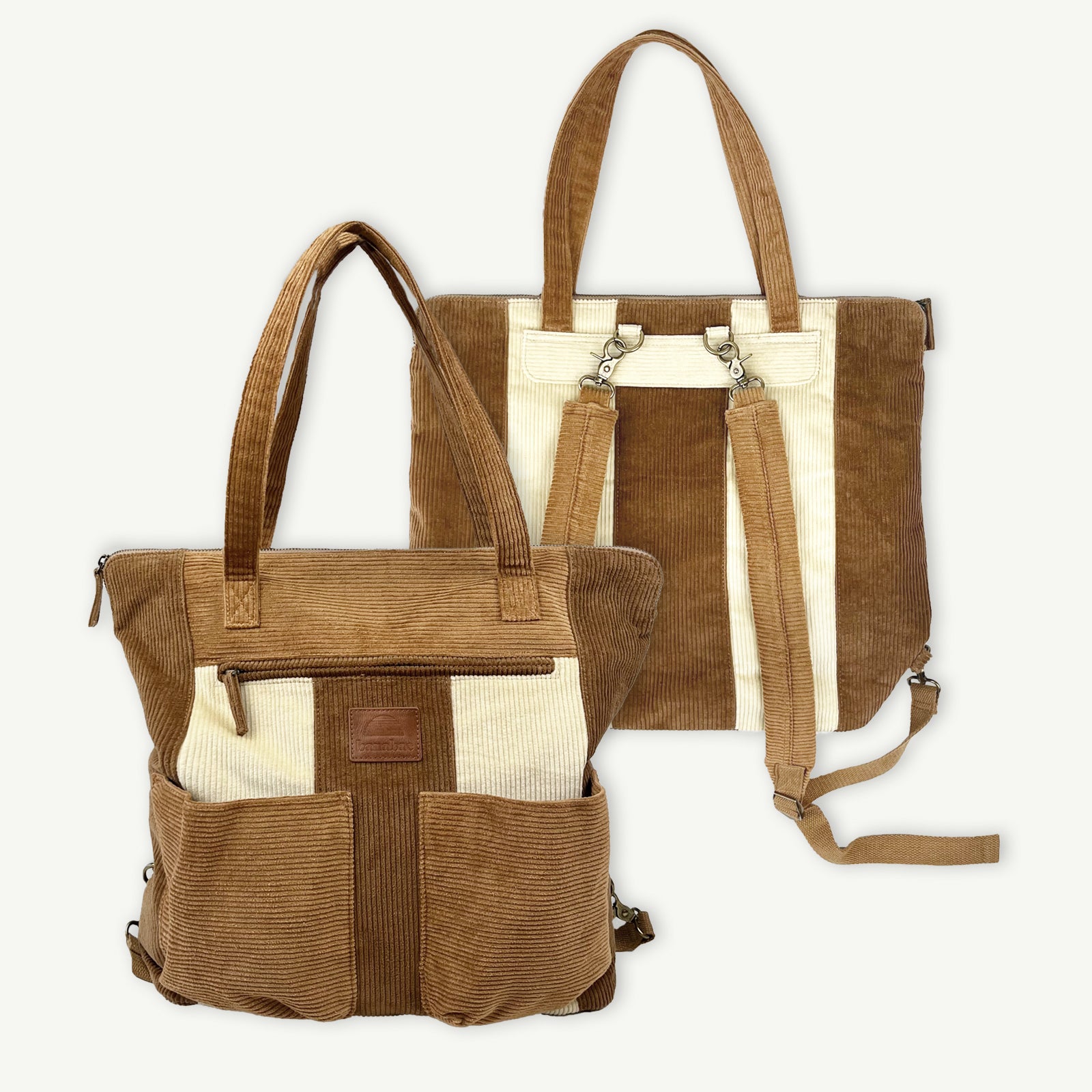 Corduroy Spliced Convertible Backpack - Tan
