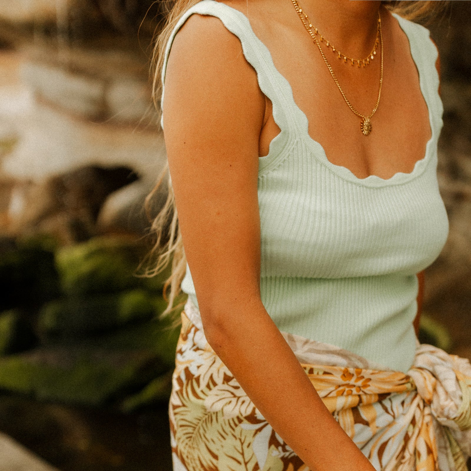 Wave Edge Rib Knit Cami -Mint