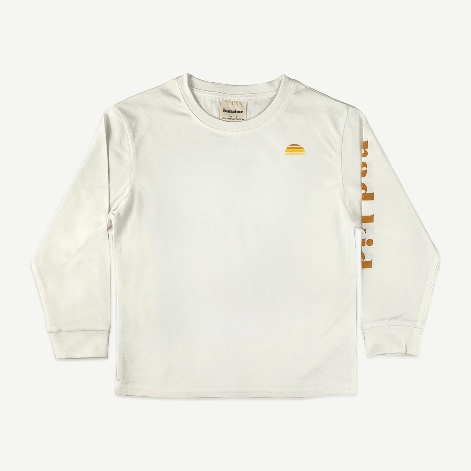 front shot of the long sleeve white tee with yellow logo 'rad kid' on sleeve