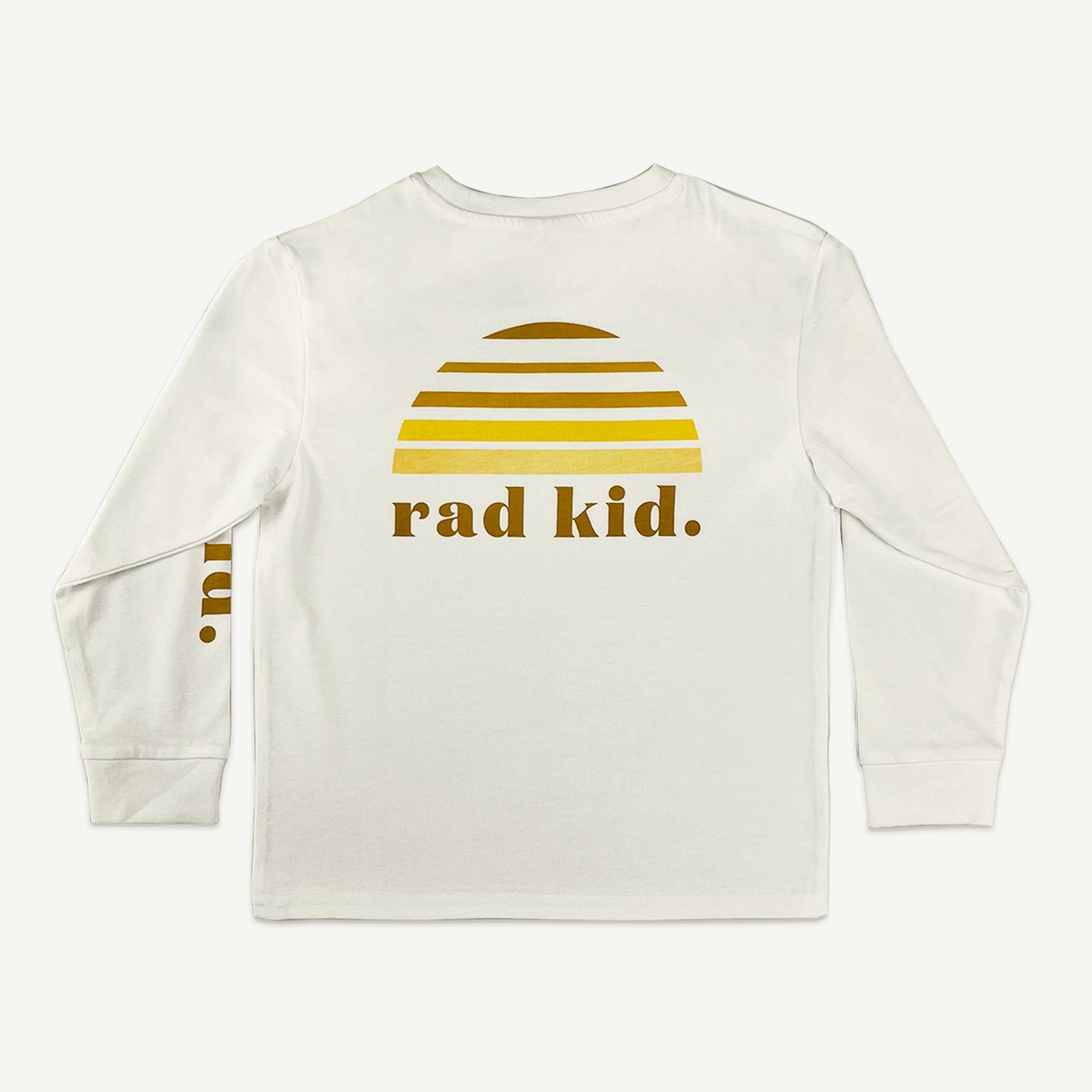 back view of the white long sleeve tee yellow logo with 'rad kid'