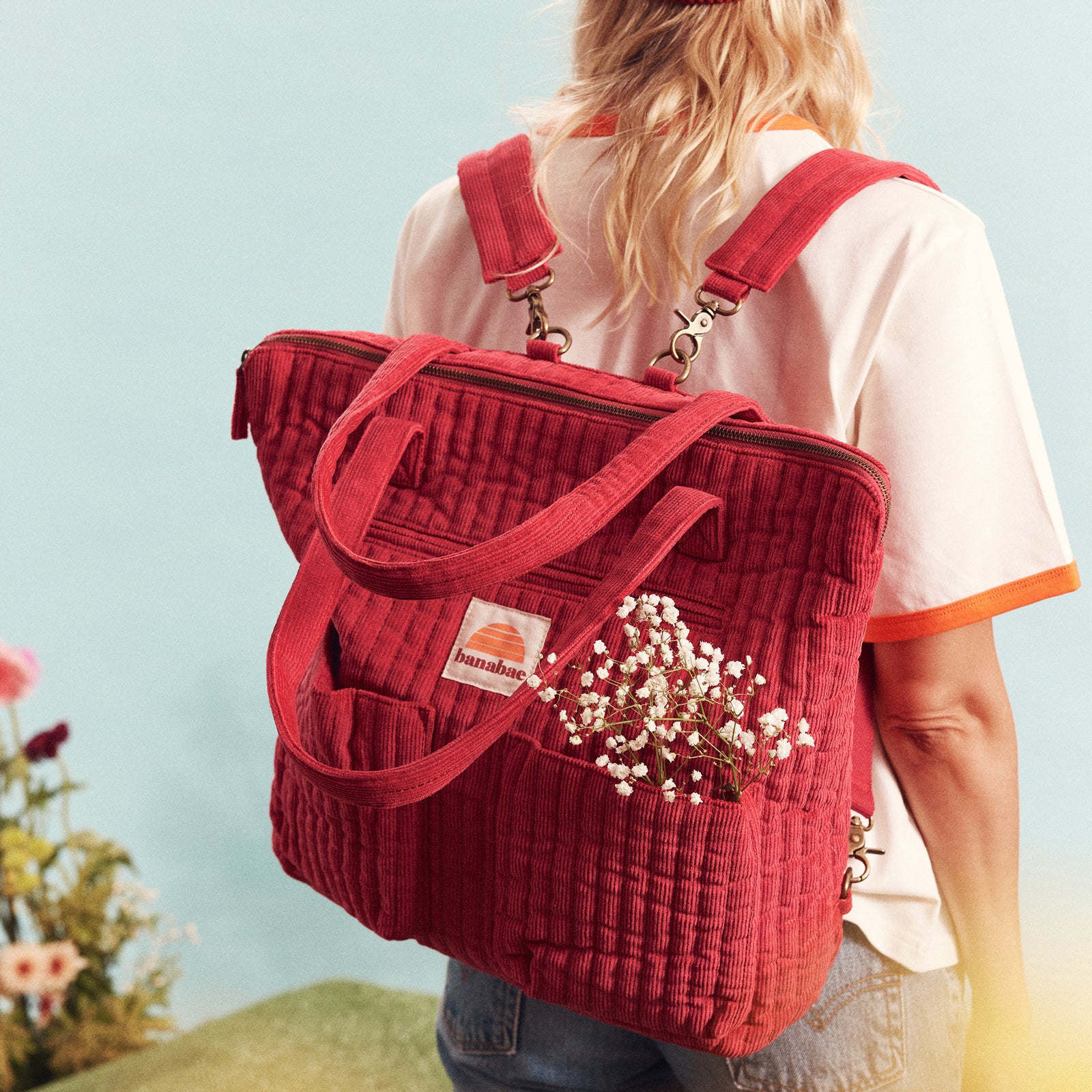 Corduroy Quilted Convertible Backpack - Cherry