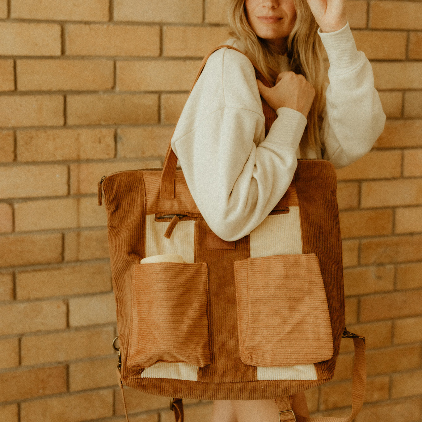 Corduroy Spliced Convertible Backpack - Tan