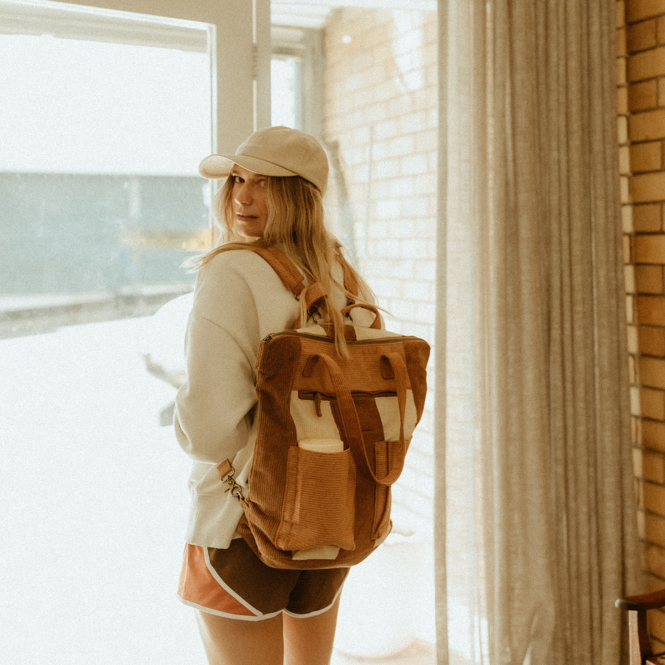 Corduroy Spliced Convertible Backpack - Tan