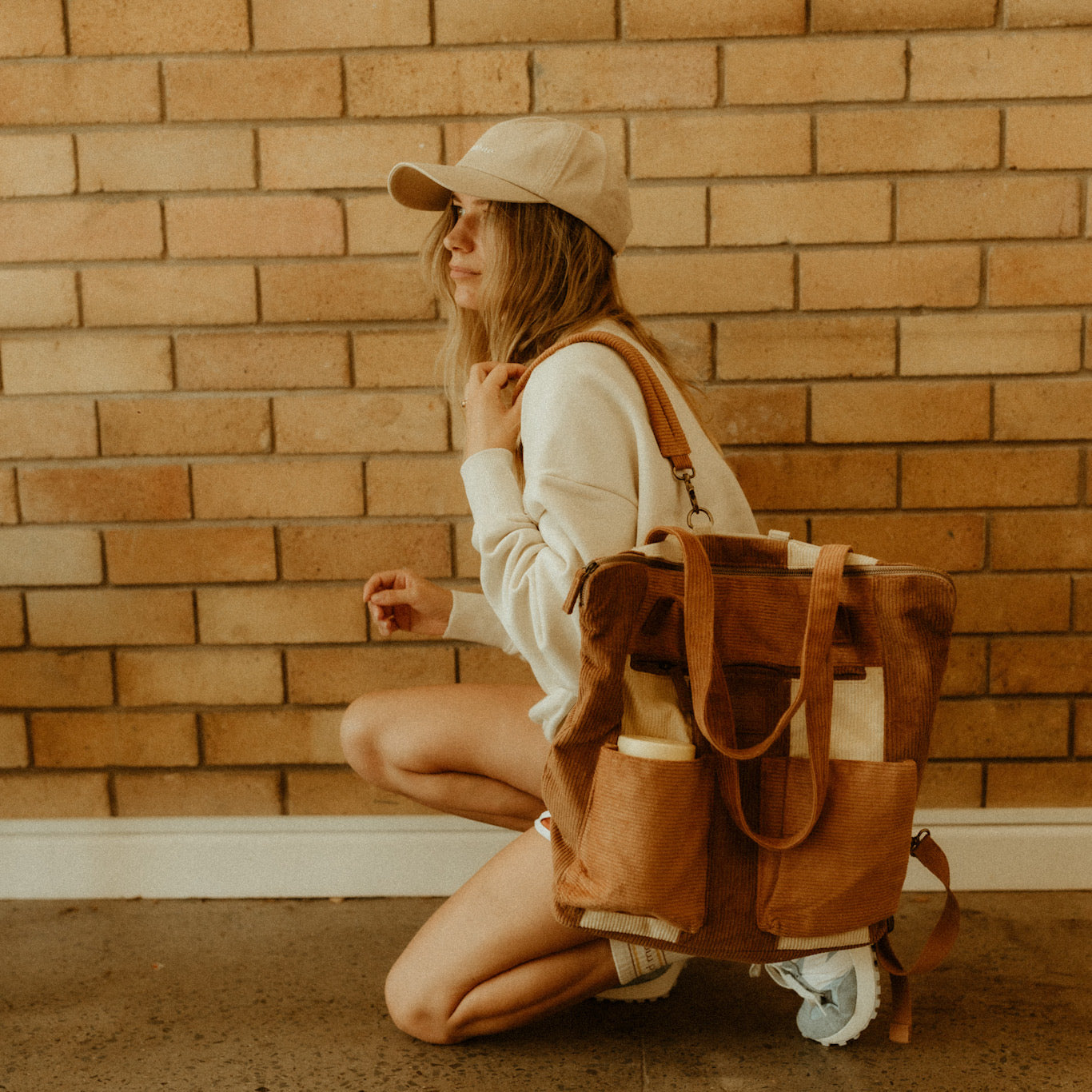 Corduroy Spliced Convertible Backpack - Tan