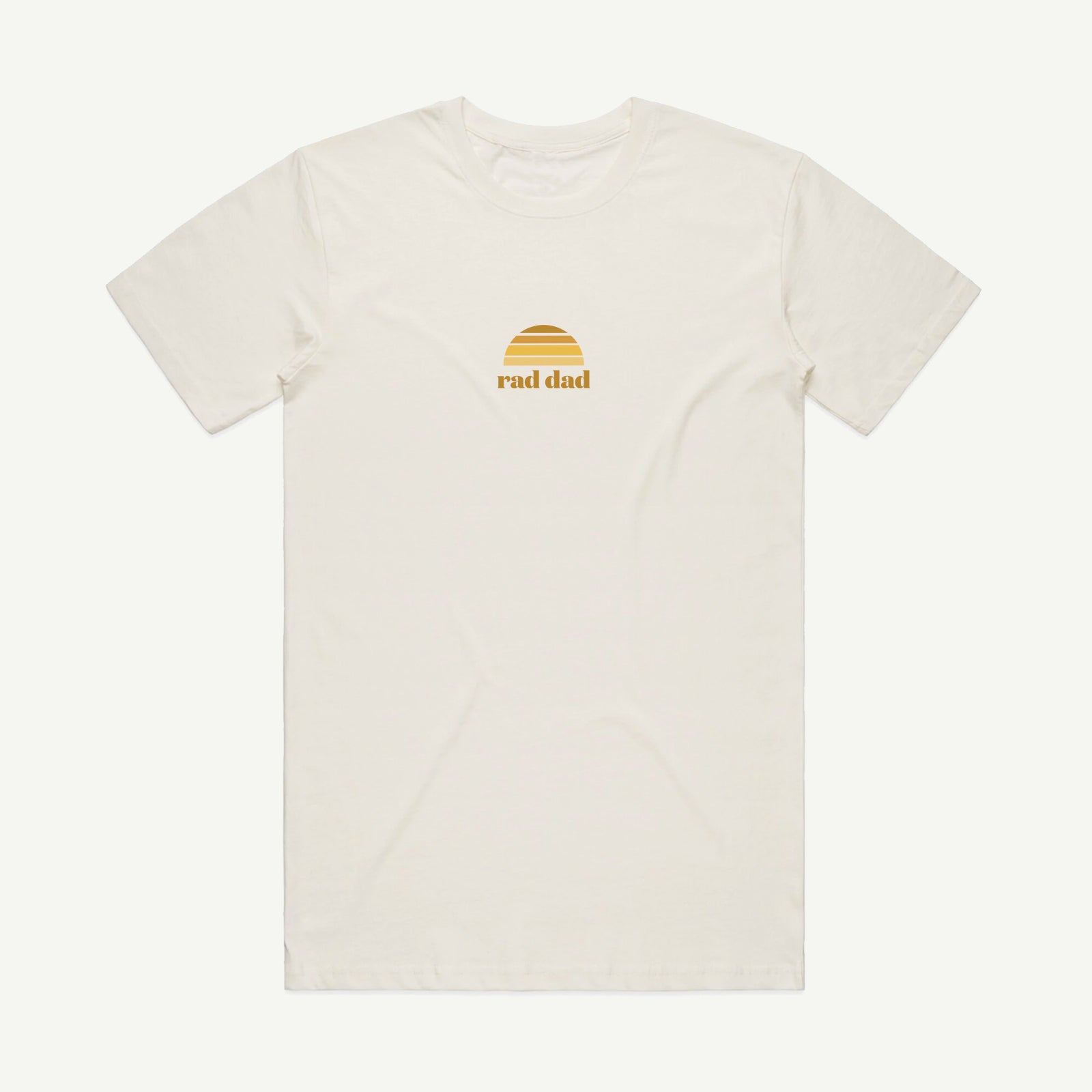 A white crew neck t-shirt with the text 'rad dad' printed on the front.