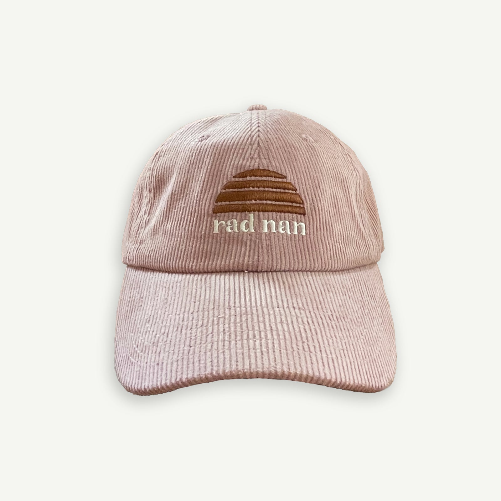 Rad Nan Corduroy pink cap with embroidered Banabae sun logo in brown and rad nan embroidered underneath