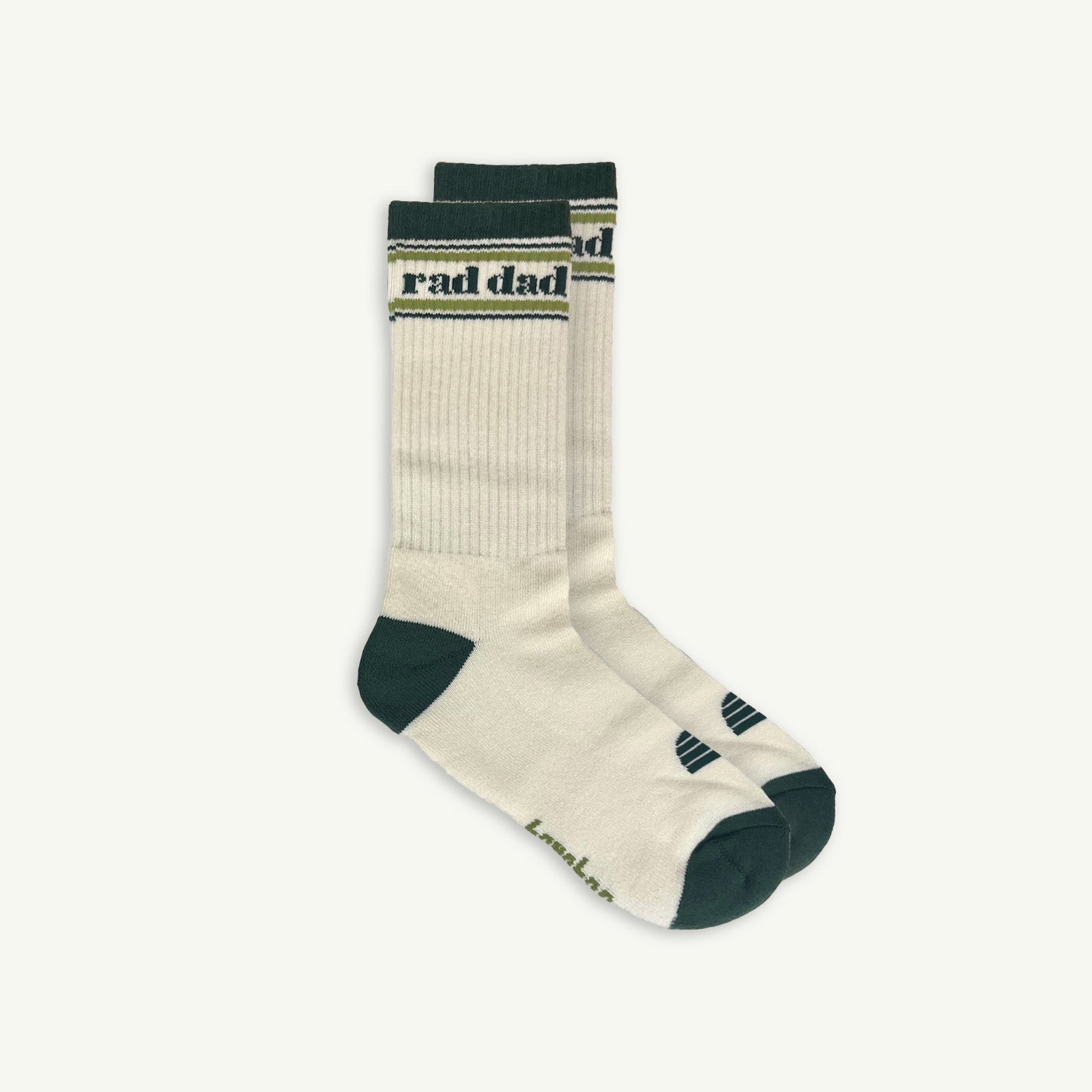 Pair of socks with 'rad dad' text on a white background