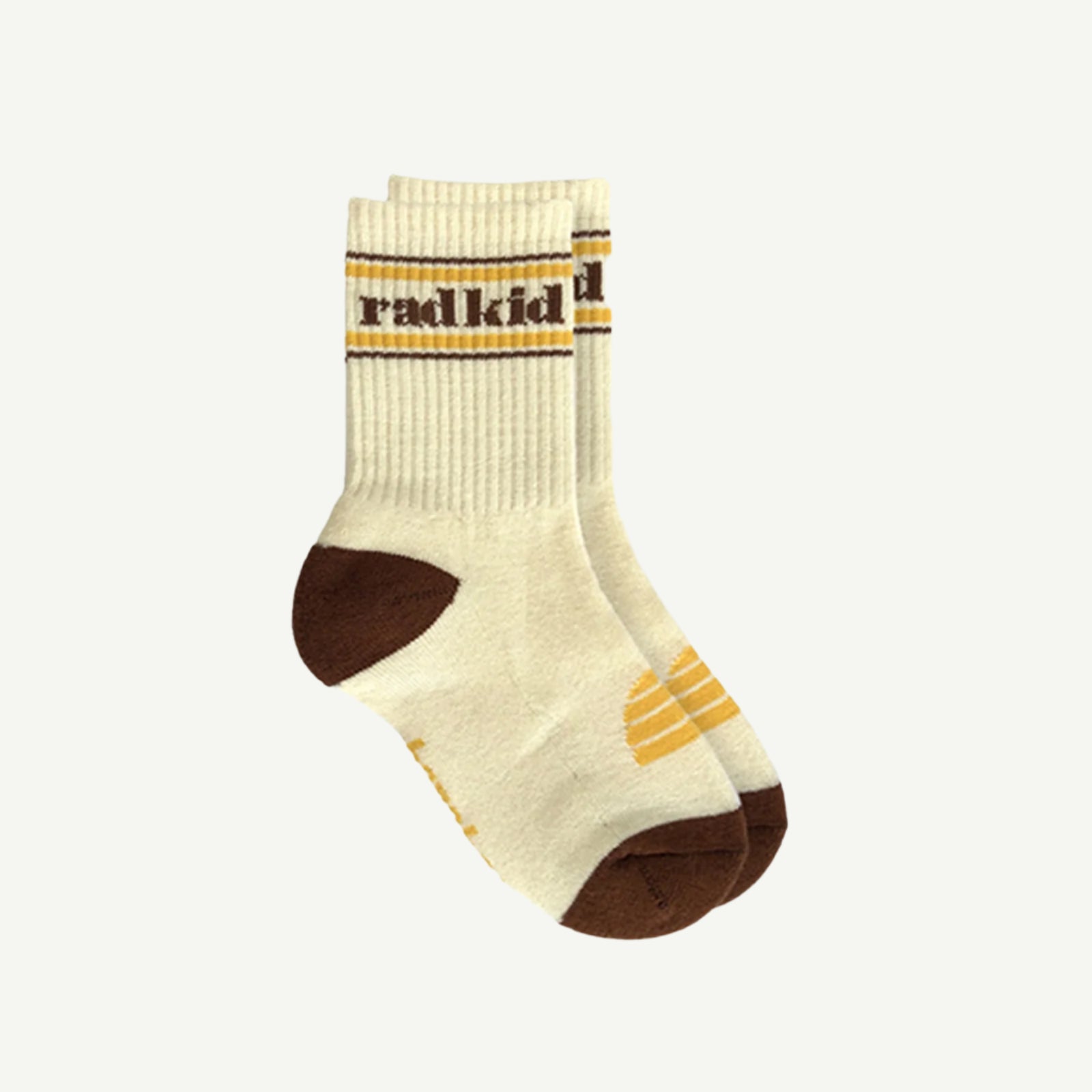 Beige sock with brown accents and 'radkid' branding on a white background