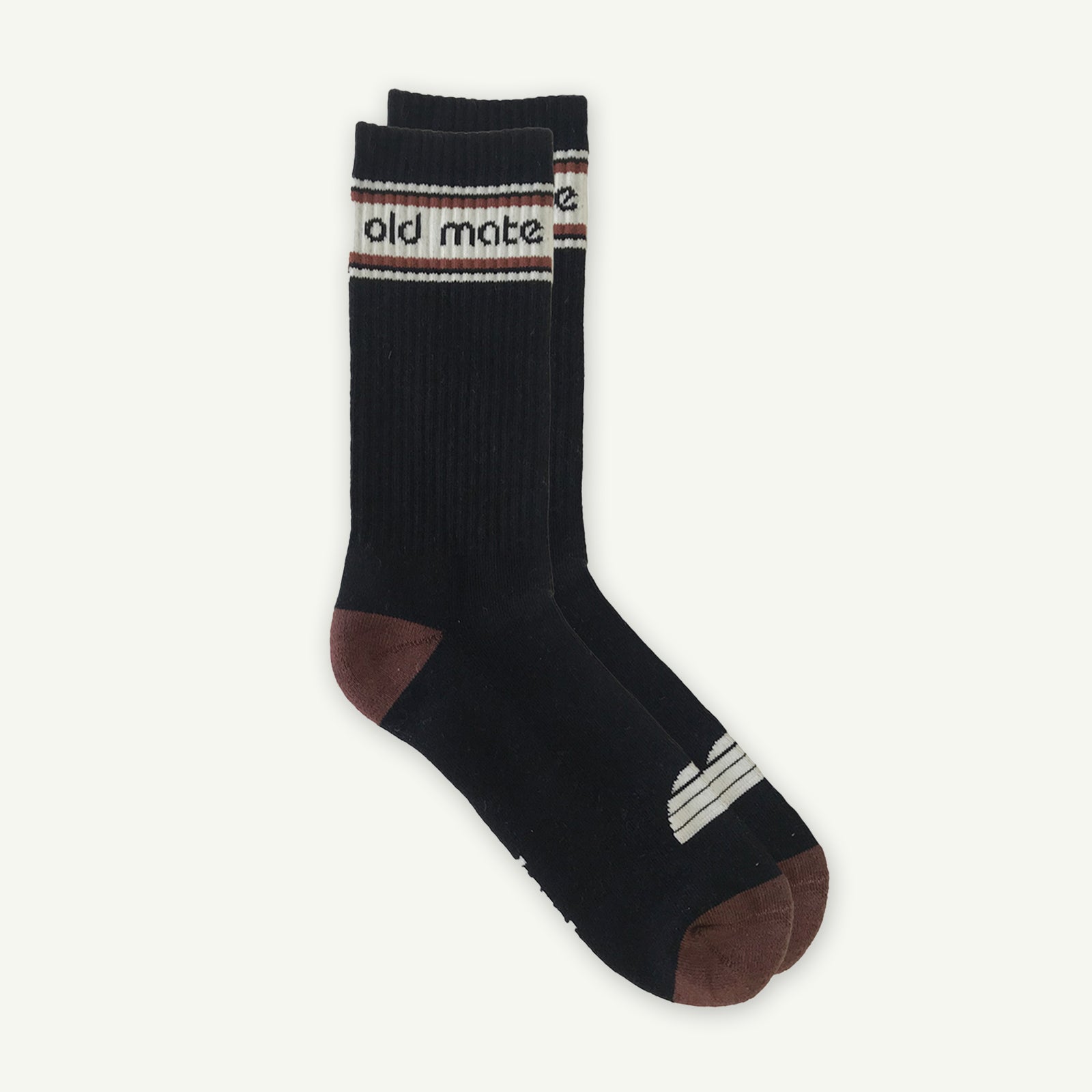 Black sock with brown toes and heel, featuring 'old mate' branding on a white background