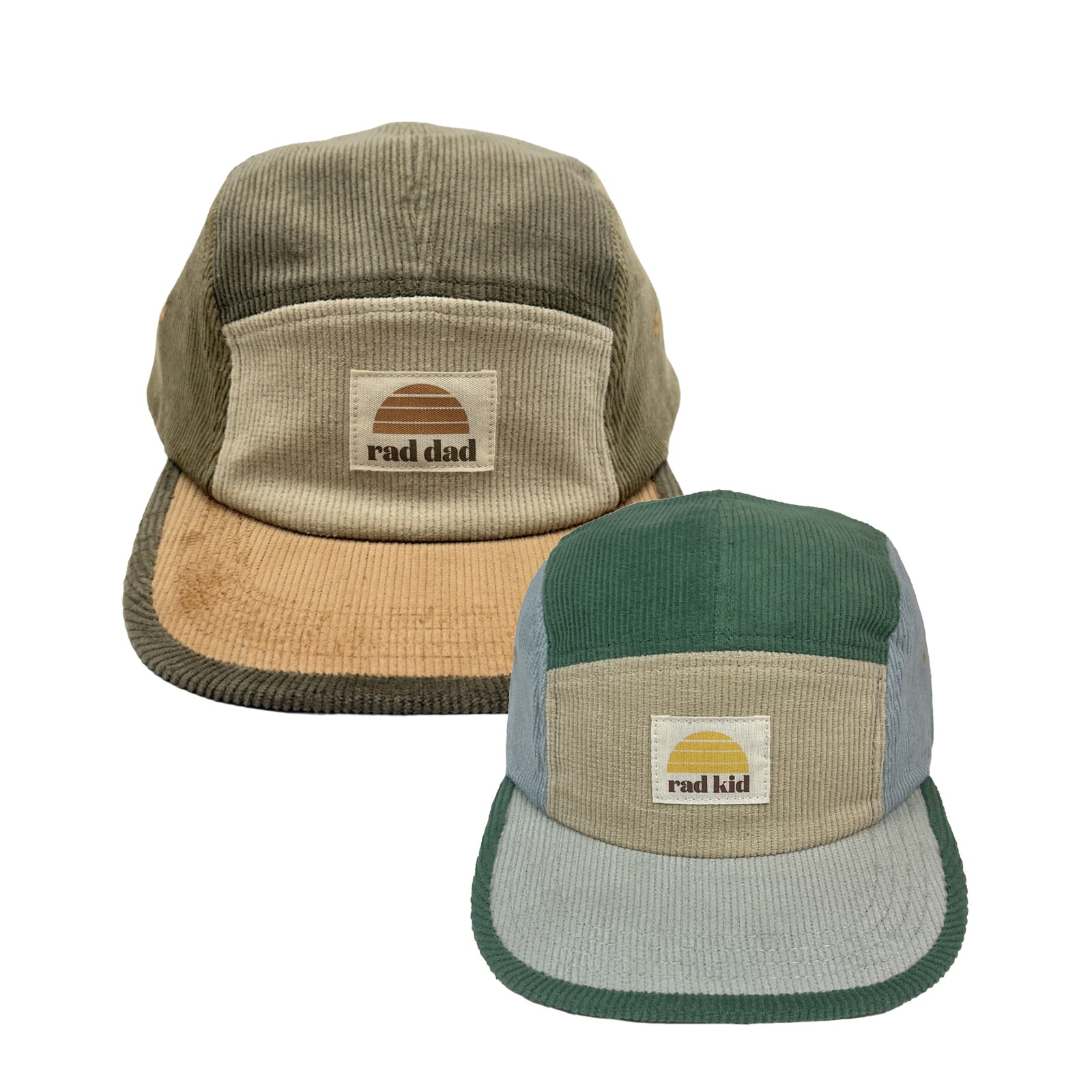 Rad Dad and Rad Kid Five Panel Cord Cap Bundle - Khaki and Lagoon