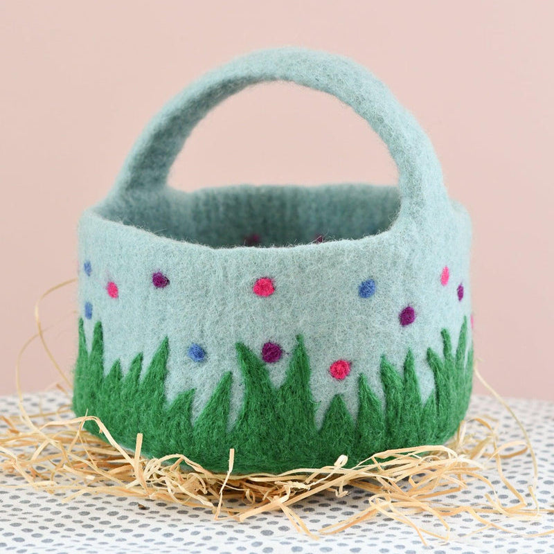 Felt Blue Basket with Colourful Dots