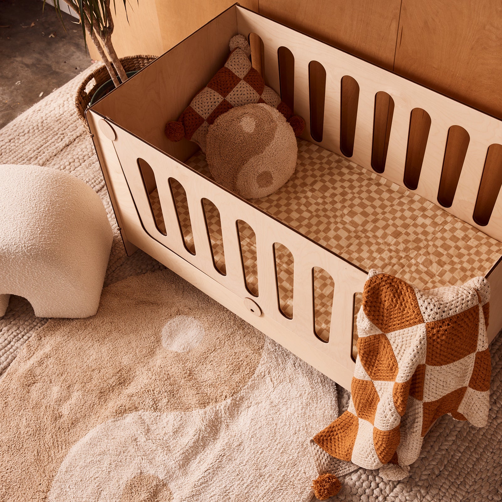 Checkers Linen Fitted Cot Sheet - Beige