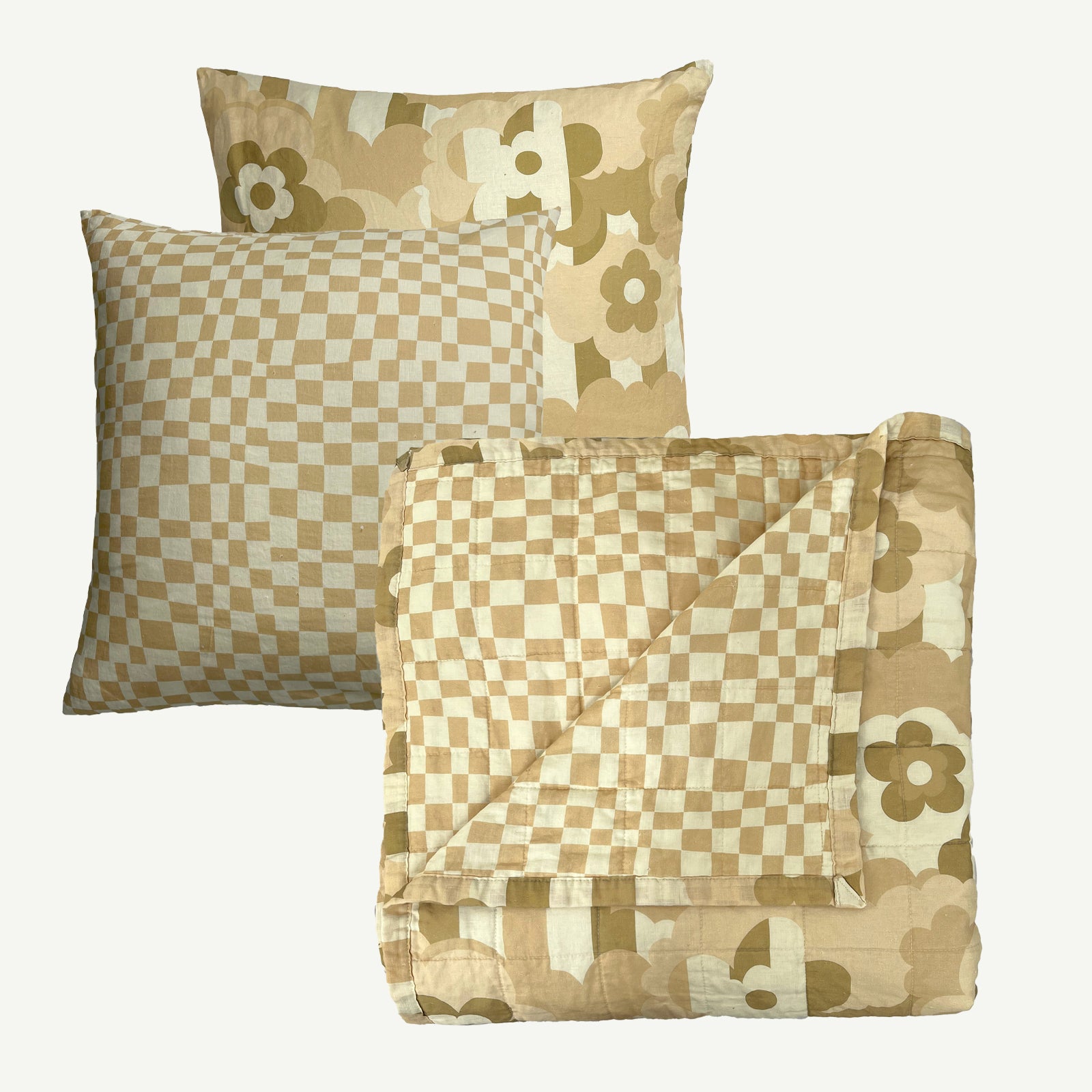 Checkers & Petal Puff Coverlet + Euro Pillowcases Bundle
